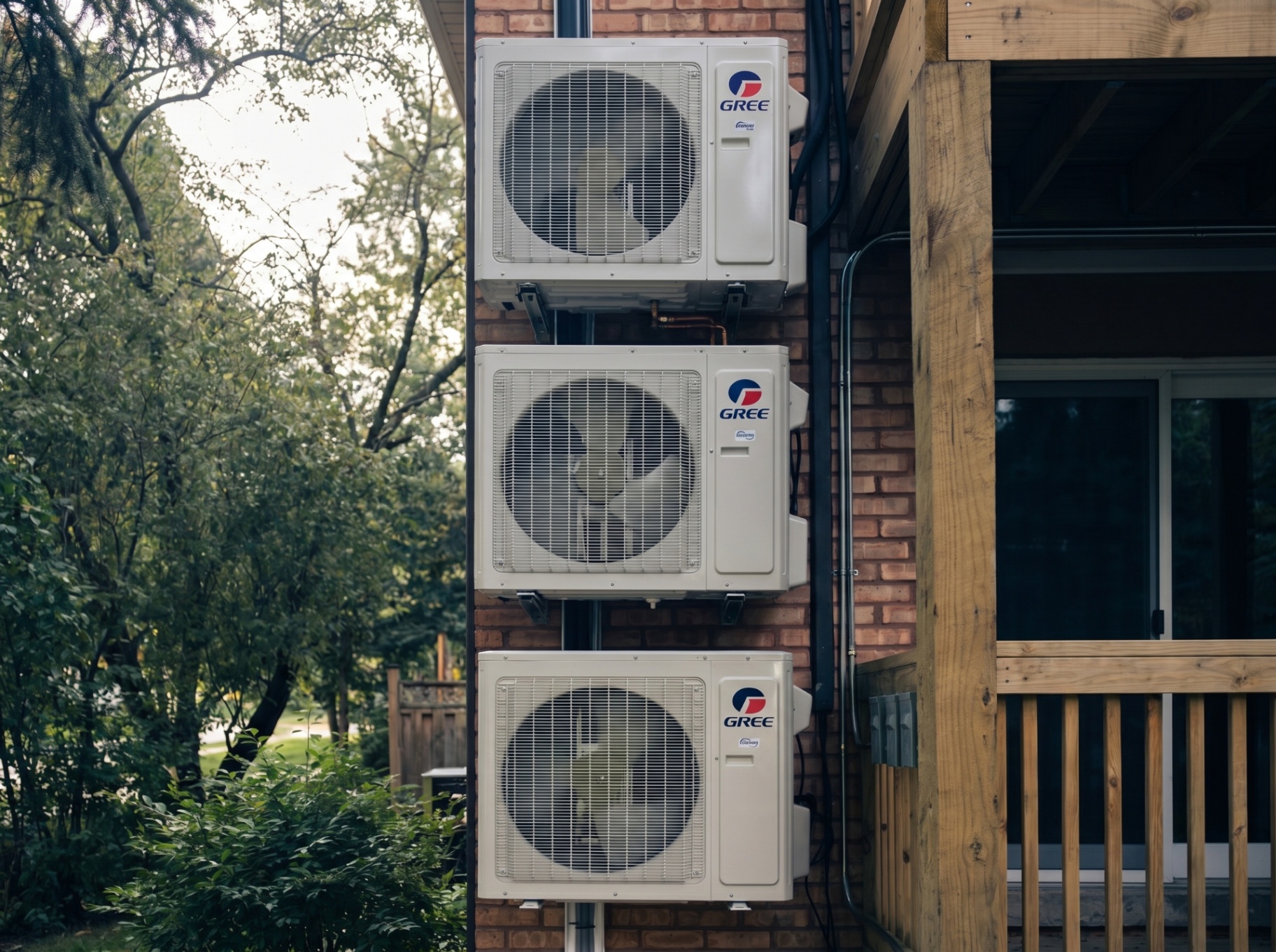 Stacked outdoor mini split condensers mounted on a brick home exterior