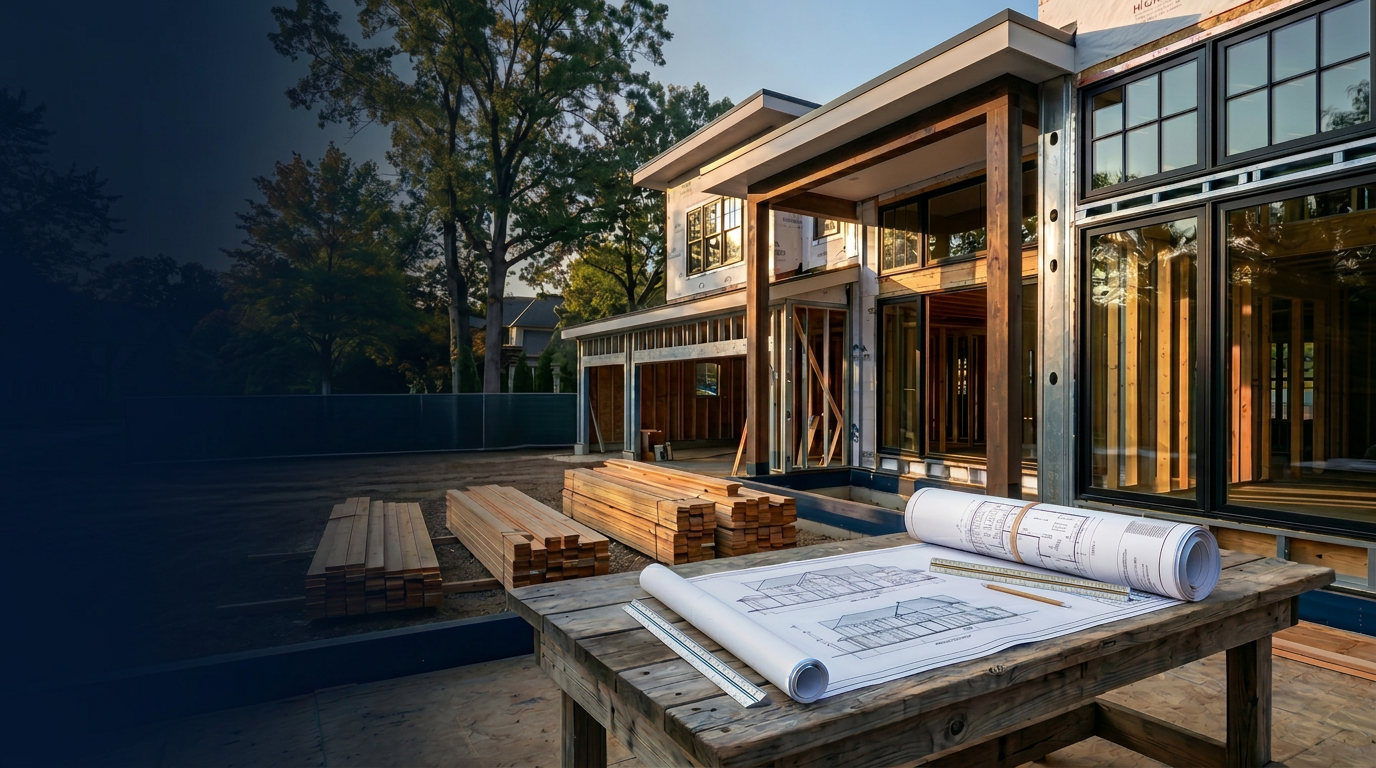 Custom luxury home under construction with timber framing and architectural blueprints