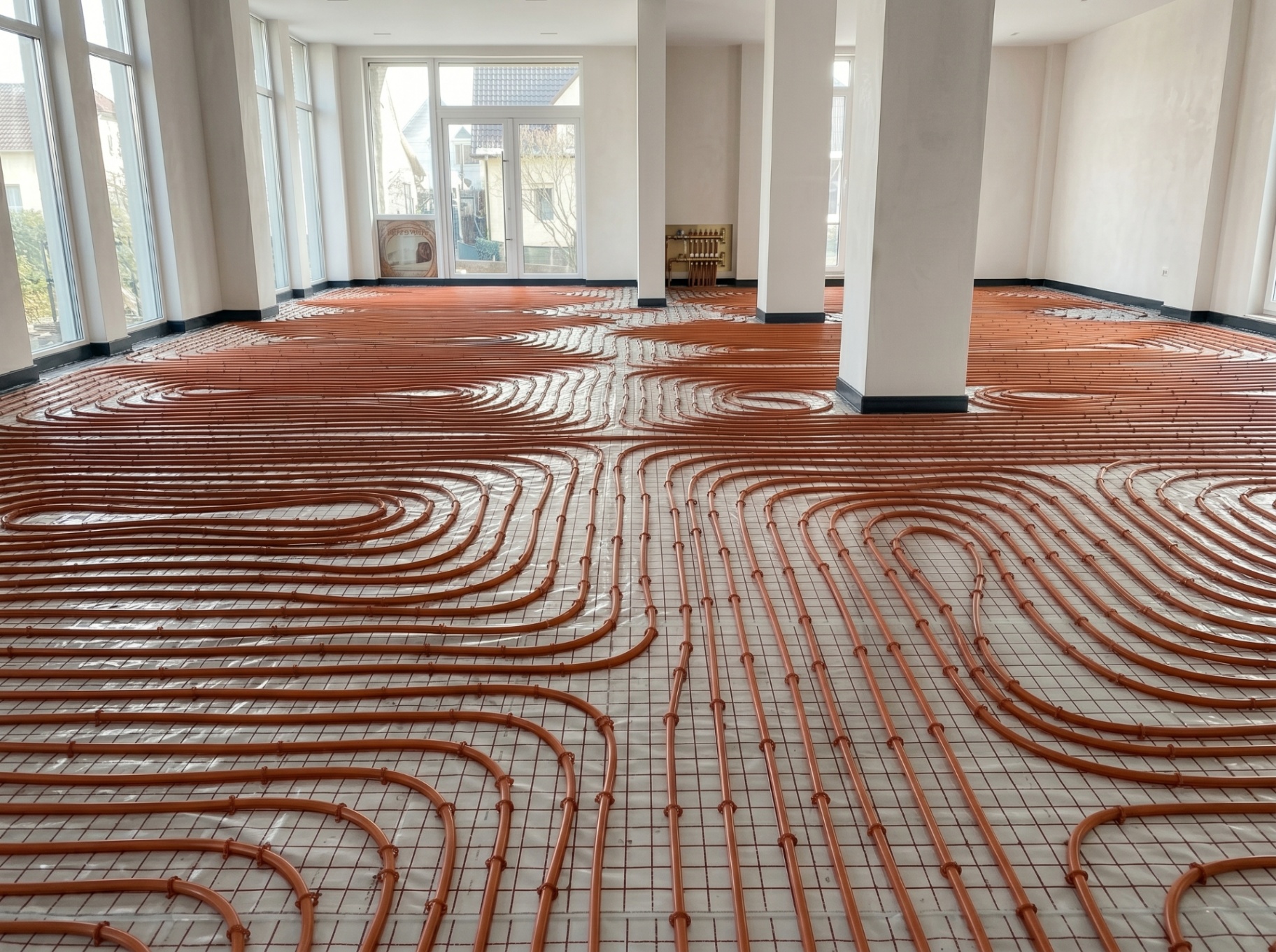 Radiant floor heating PEX loops laid out across a large open room before pour