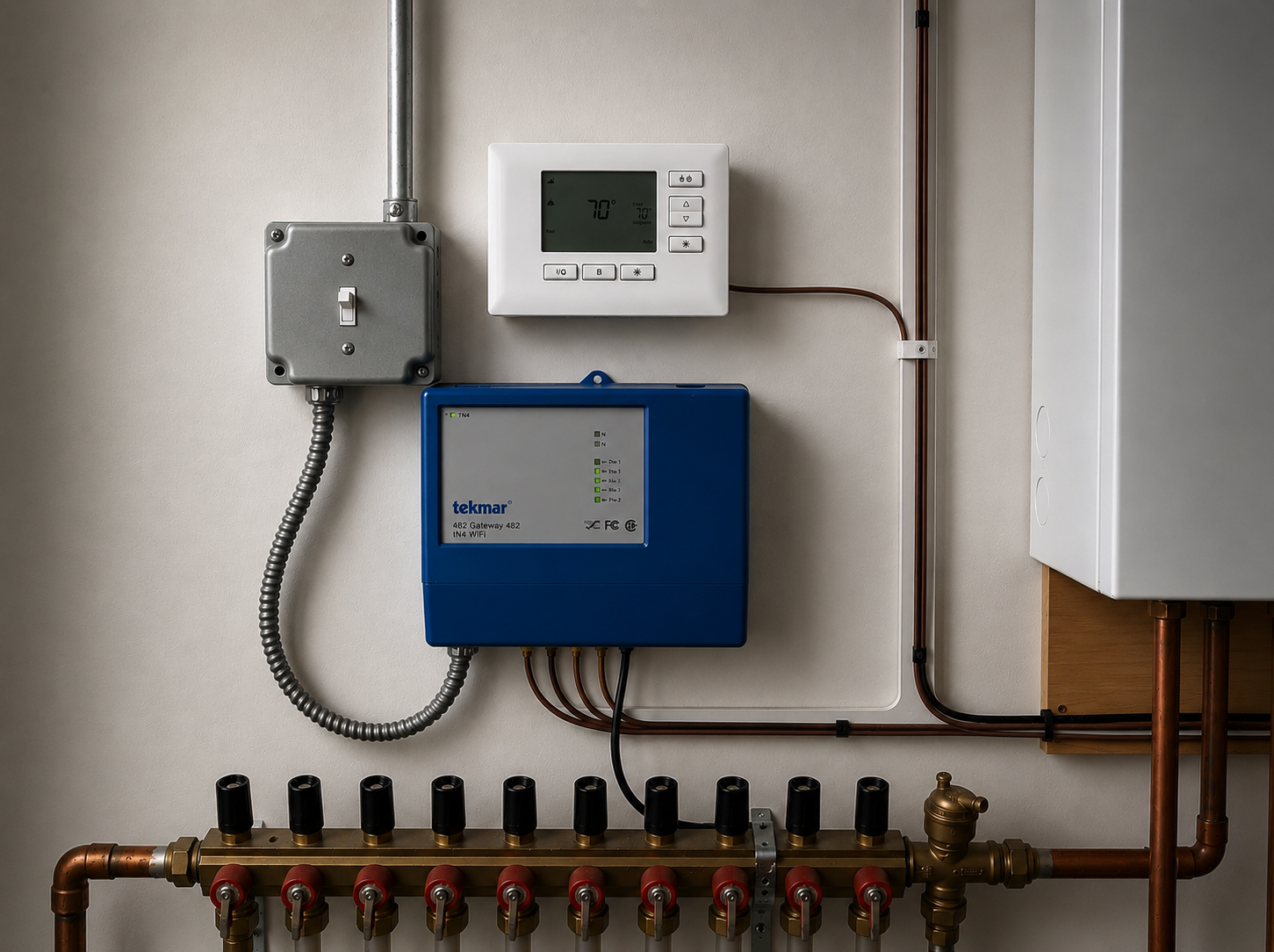 Wall-mounted boiler with copper manifold, zone pumps, and balanced hydronic distribution